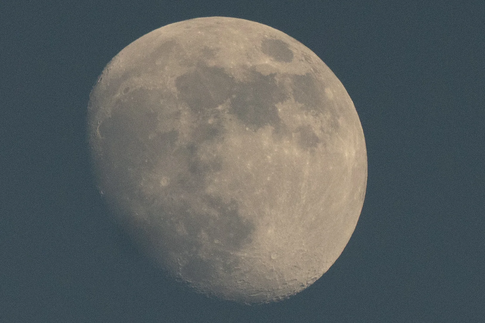 Detailed moon suspended in a blue-gray sky