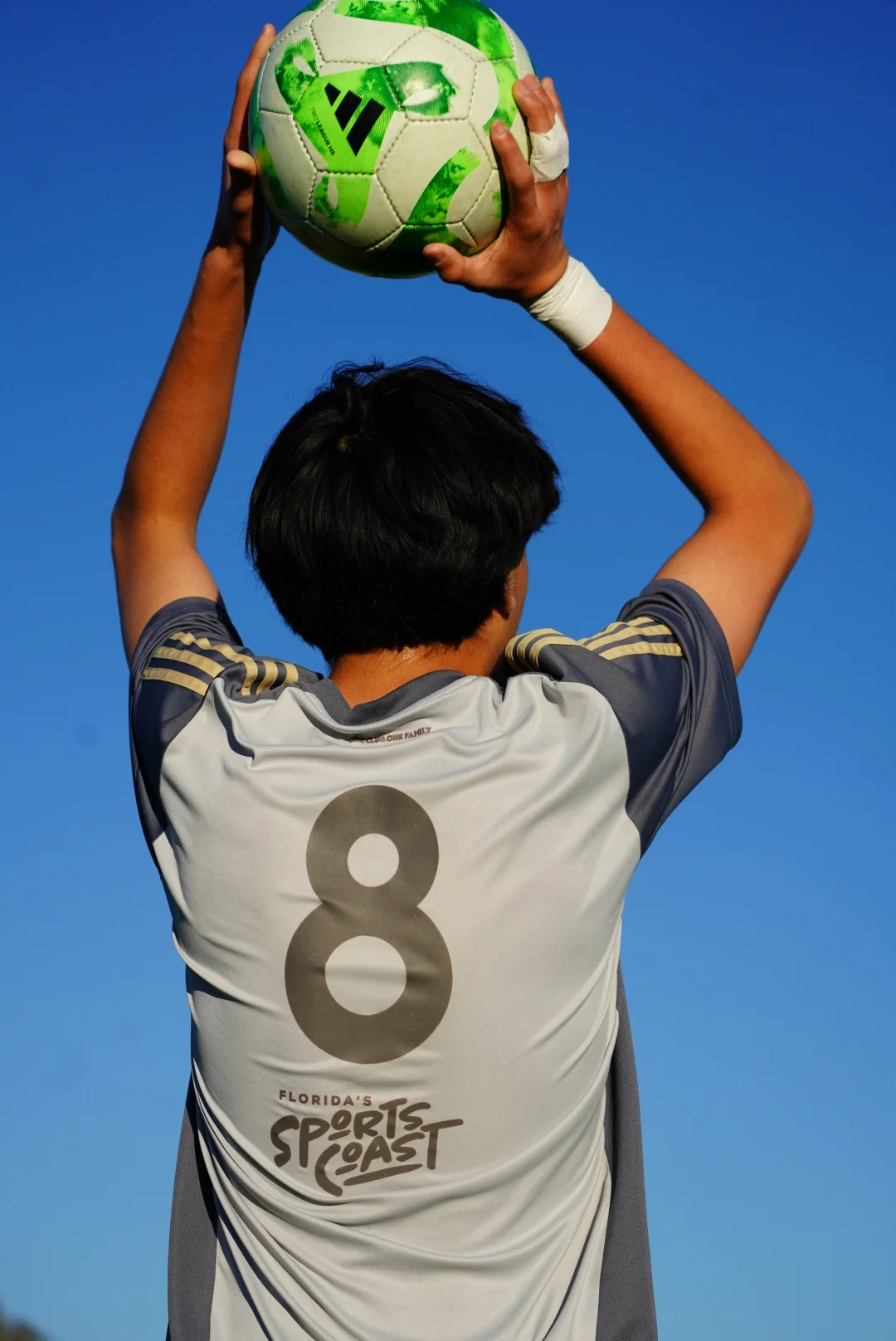 Number eight soccer player taking a throw-in